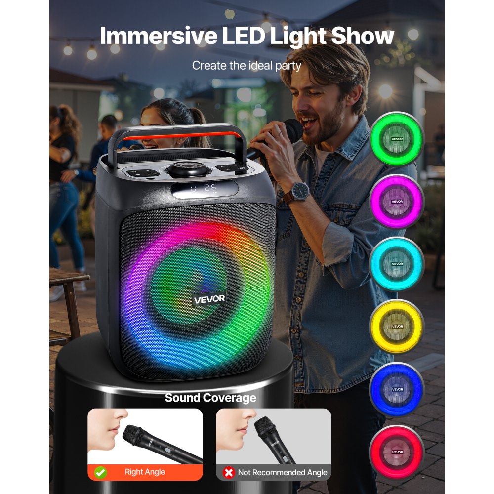 VEVOR Karaoke Machine, 30W, draagbare 6-inch Bluetooth-luidspreker met 2 draadloze microfoons, LED, TWS-functie, handvat, ondersteunt Micro-TF-kaart, USB, AUX, voor karaokefeestjes thuis