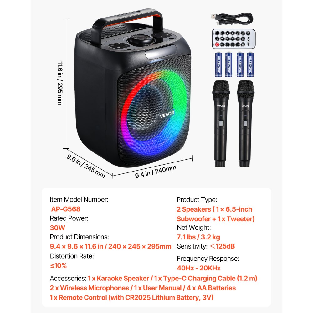 VEVOR Karaoke Machine, 30W, draagbare 6-inch Bluetooth-luidspreker met 2 draadloze microfoons, LED, TWS-functie, handvat, ondersteunt Micro-TF-kaart, USB, AUX, voor karaokefeestjes thuis