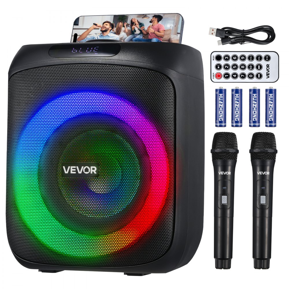 VEVOR Karaoke Machine, 30W, draagbare 6-inch Bluetooth-luidspreker met 2 draadloze microfoons, LED, TWS-functie, handvat, ondersteunt Micro-TF-kaart, USB, AUX, voor karaokefeestjes thuis