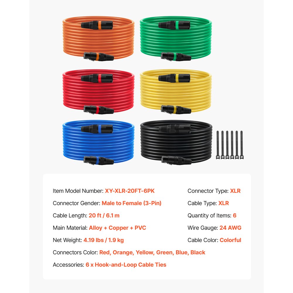 VEVOR XLR-kabel 6,1 m, 6-pack, gebalanceerde DMX-microfoonkabels (mannelijk naar vrouwelijk), vergulde 3-pins XLR-microfoon-luidsprekerkabels, voor podiumverlichting, microfoons, versterkers en mixers