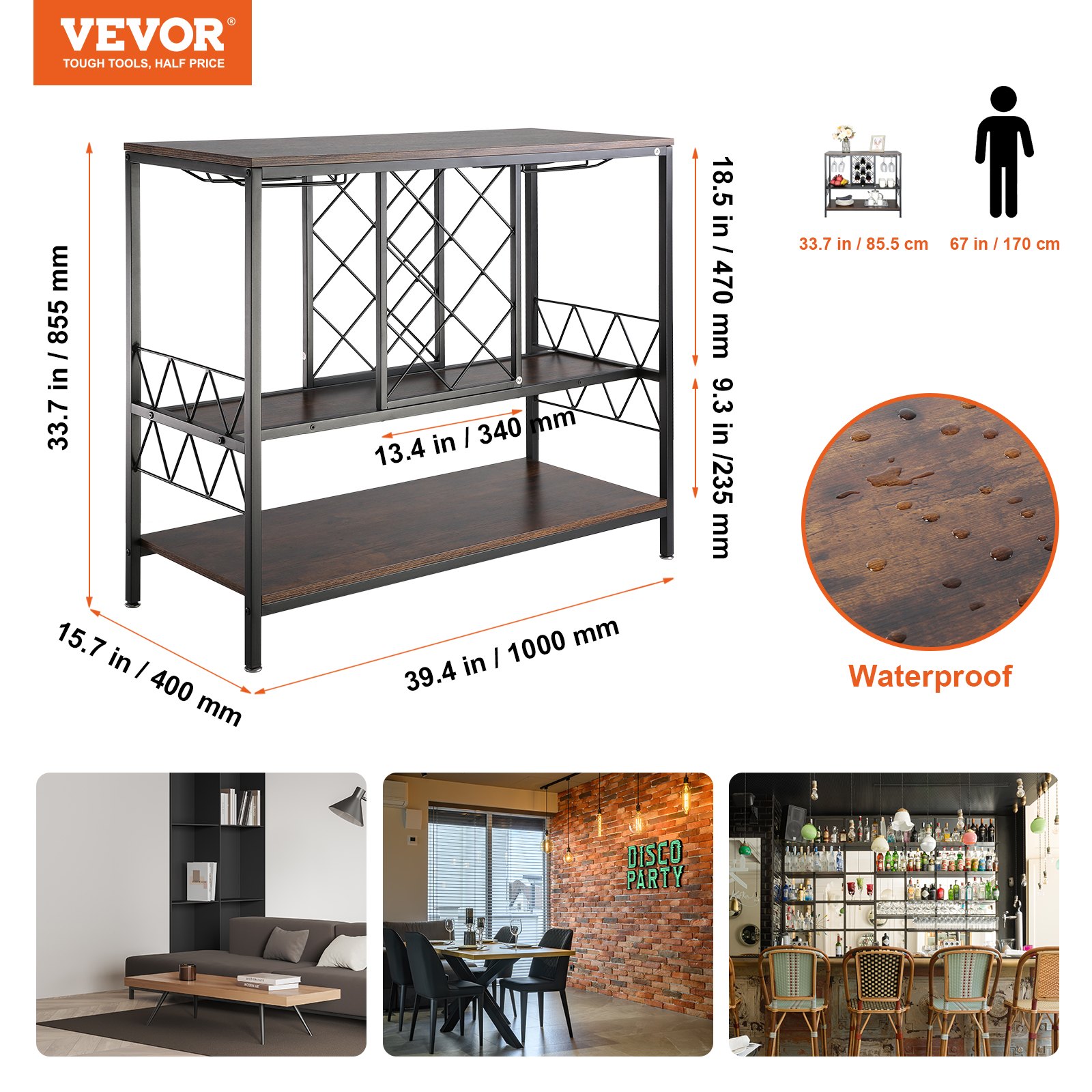 VEVOR Industriële barkast, 1 m wijntafel voor sterke drank en glazen, buffetkast met glazenhouder en wijnrek, vrijstaande barkast van boerderijhout voor de woonkamer/thuisbar