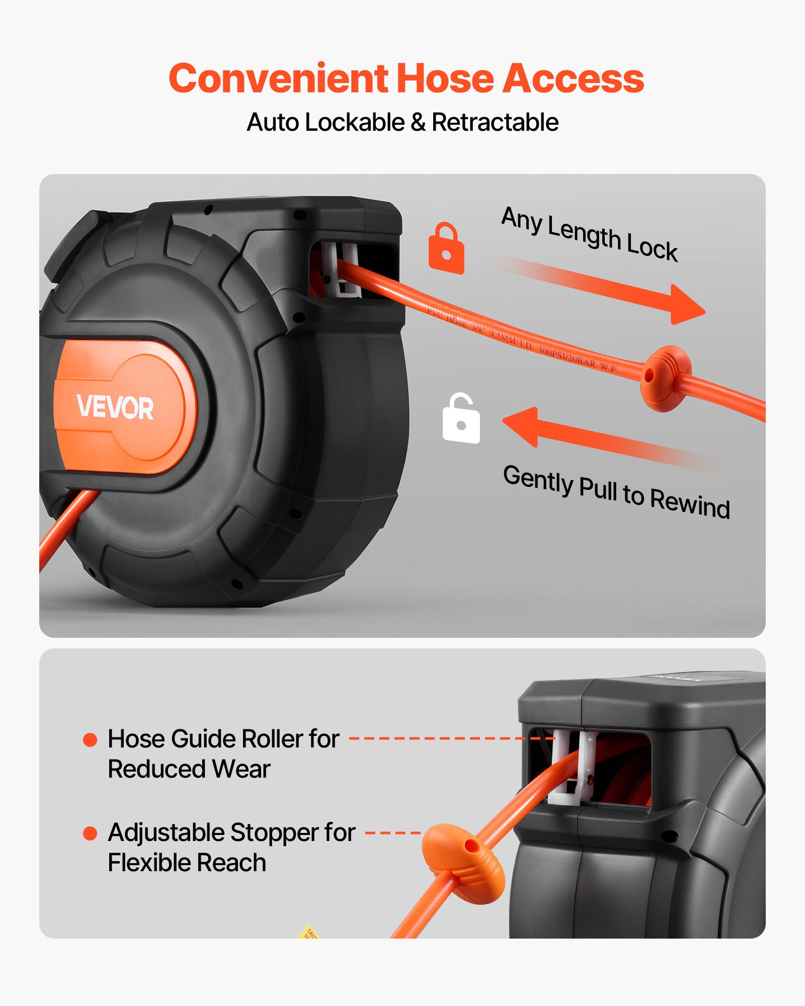 VEVOR persluchtslanghaspel, 9,5 mm x 20 m PVC persluchtslang, 20 bar, gesloten slanghaspel met automatische oprolfunctie en 2 m toevoerkabel, 180° draaibare plafond-/wandbeugel