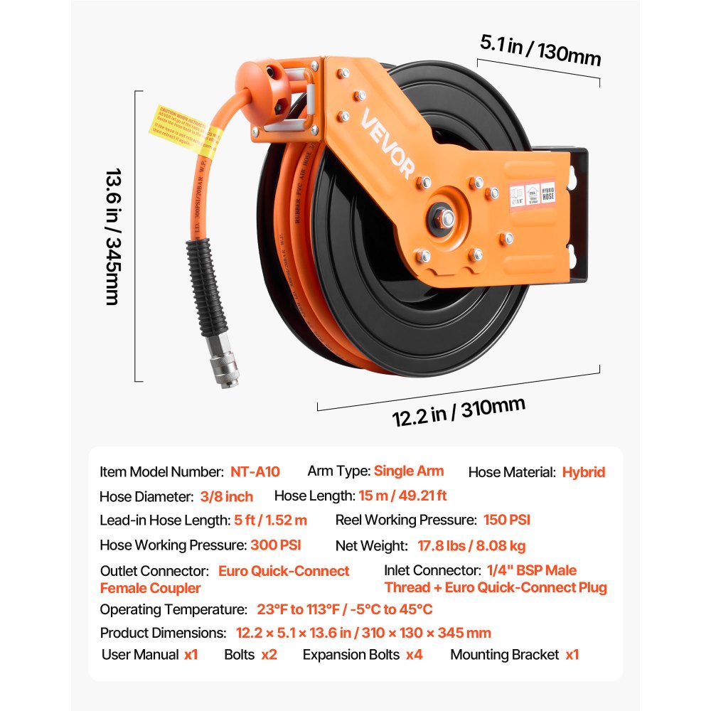 VEVOR persluchtslanghaspel, 15 m x 3/8 inch hybride persluchtslang, slanghaspel 20 bar, automatische slangoproller met 1,52 m aanvoerslang, 180° draaibare plafond-/wandbeugel