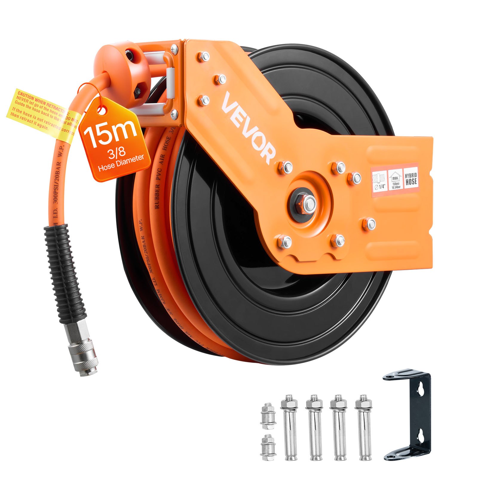 VEVOR persluchtslanghaspel, 15 m x 3/8 inch hybride persluchtslang, slanghaspel 20 bar, automatische slangoproller met 1,52 m aanvoerslang, 180° draaibare plafond-/wandbeugel