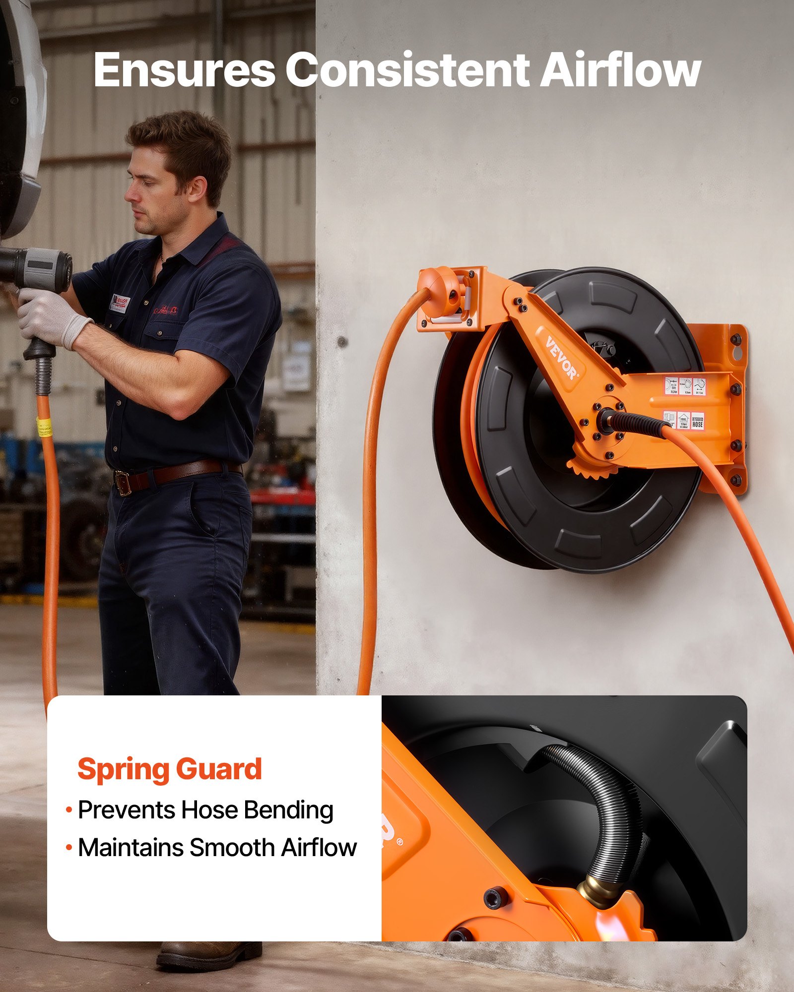 VEVOR Retractable Air Hose Reel, 15m x 9.5mm Hybrid Air Hose Max 300PSI, Auto Rewind Air-Compressor Hoses Reel with 1.52m Lead in, Ceiling/Wall Mount Heavy Duty Steel Double Arm