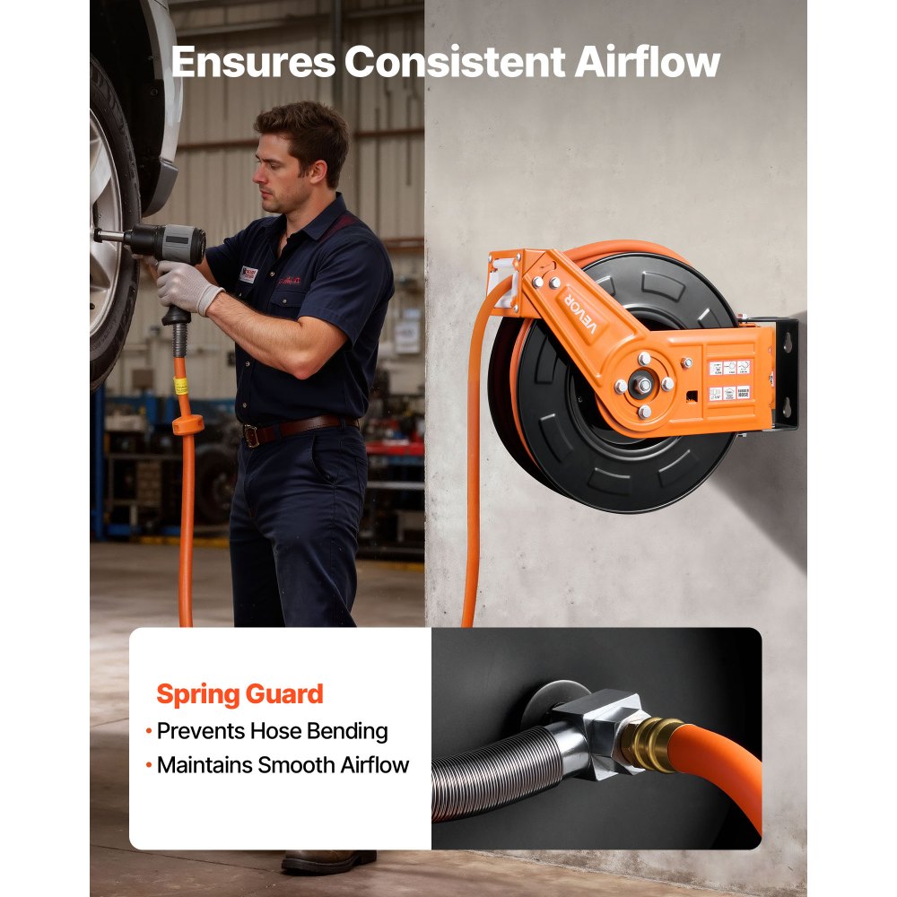 VEVOR persluchtslanghaspel, φ9,5 mm x 15 m rubberen slang, slanghaspel max. 20 bar, automatisch oprolmechanisme met 1 m voedingskabel, 180° draaibare plafond-/wandbeugel