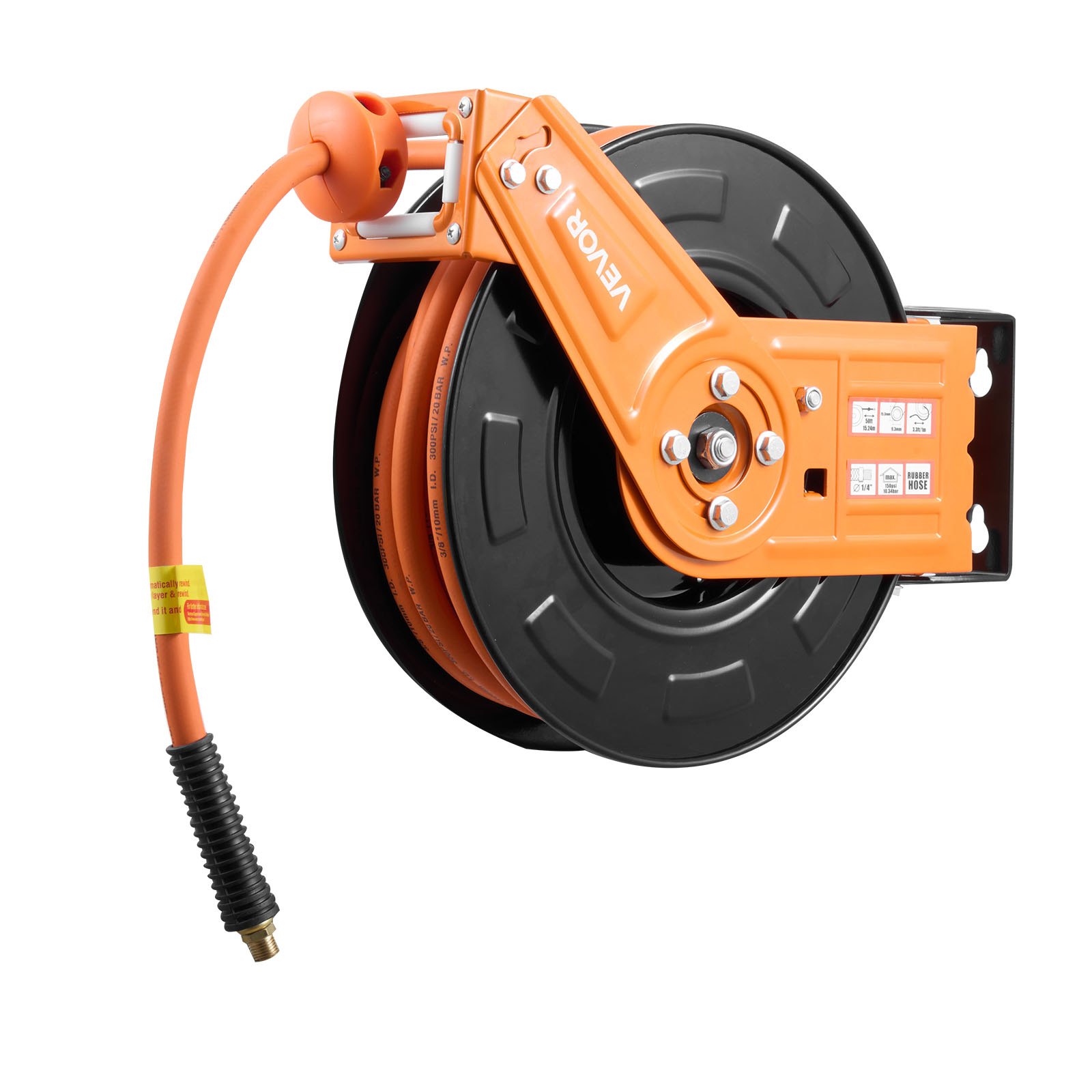 VEVOR persluchtslanghaspel, φ9,5 mm x 15 m rubberen slang, slanghaspel max. 20 bar, automatisch oprolmechanisme met 1 m voedingskabel, 180° draaibare plafond-/wandbeugel