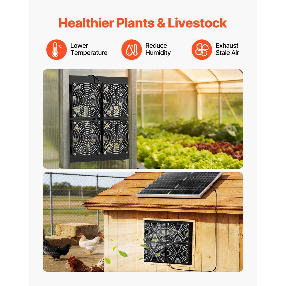 VEVOR 25W Solarventilator, 12V zonnepaneel met 4 ventilatoren, max. 2668 RPM, zonneventilator voor een luchtstroom van 748 m³/h, 5 m/s, op zonne-energie werkende afzuigventilator voor kleine kippenhokken en kassen.
