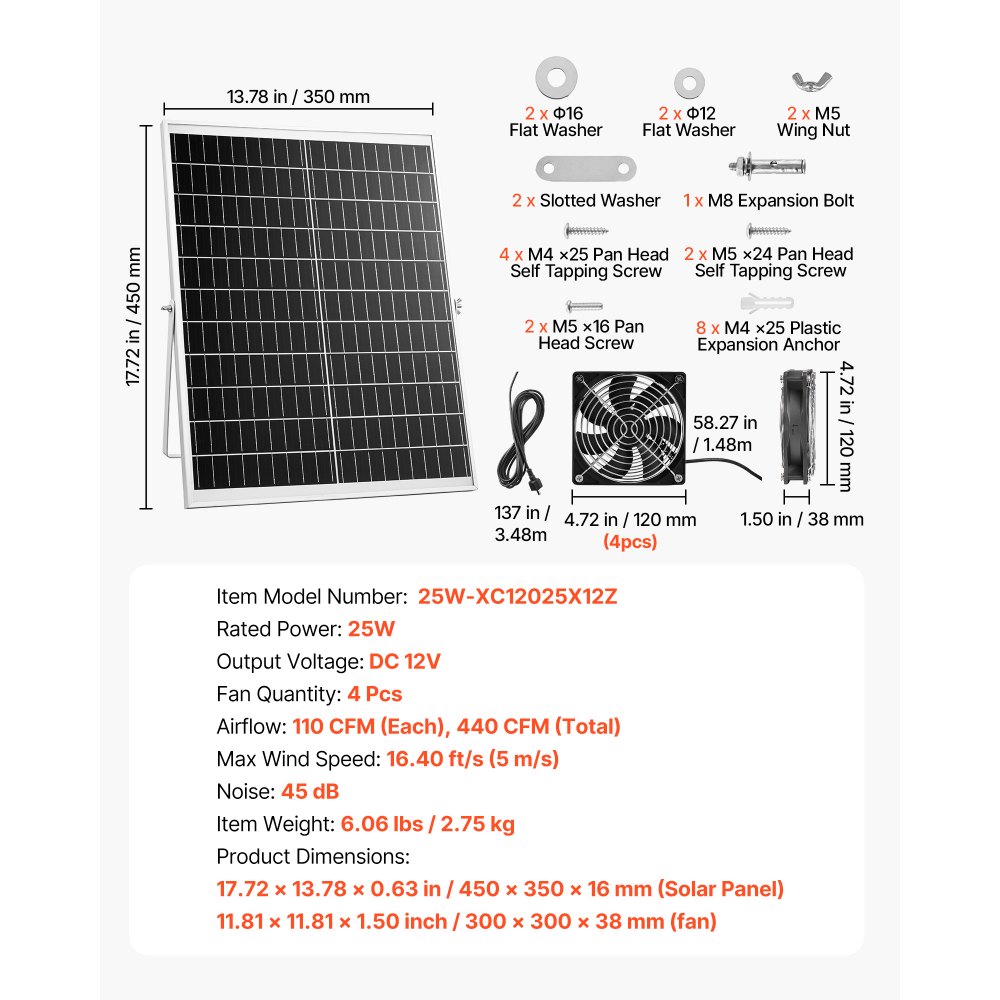 VEVOR 25W Solarventilator, 12V zonnepaneel met 4 ventilatoren, max. 2668 RPM, zonneventilator voor een luchtstroom van 748 m³/h, 5 m/s, op zonne-energie werkende afzuigventilator voor kleine kippenhokken en kassen.