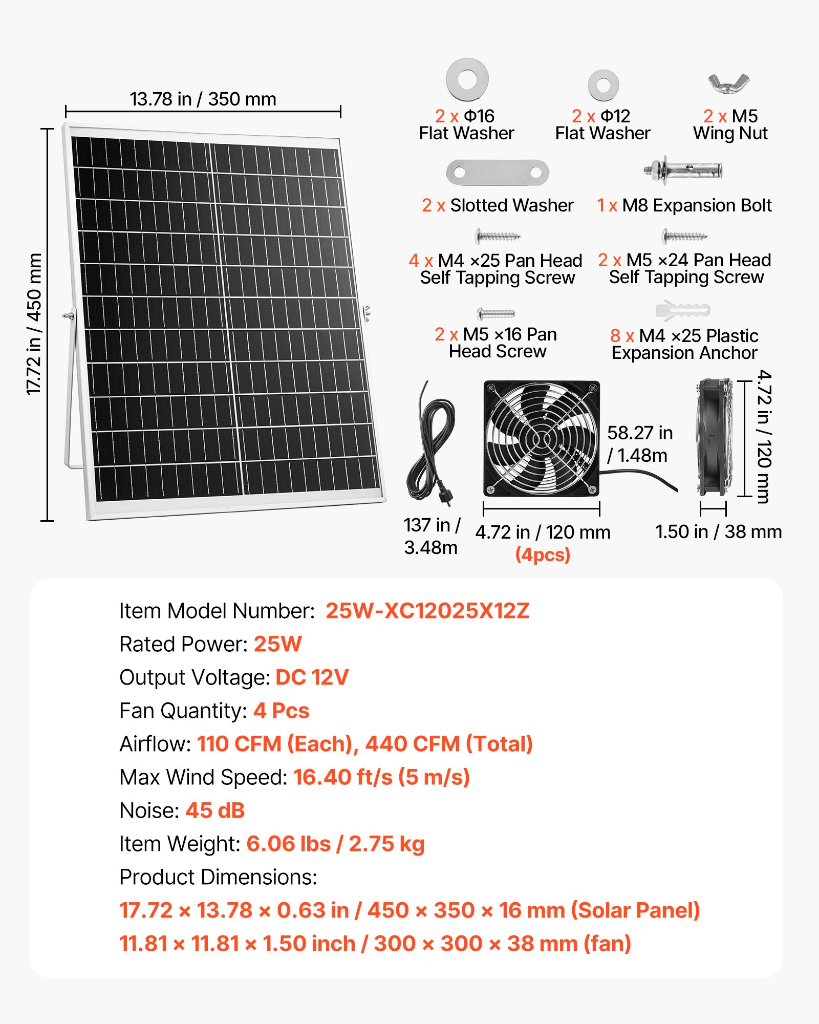 VEVOR 25W Solarventilator, 12V zonnepaneel met 4 ventilatoren, max. 2668 RPM, zonneventilator voor een luchtstroom van 748 m³/h, 5 m/s, op zonne-energie werkende afzuigventilator voor kleine kippenhokken en kassen.