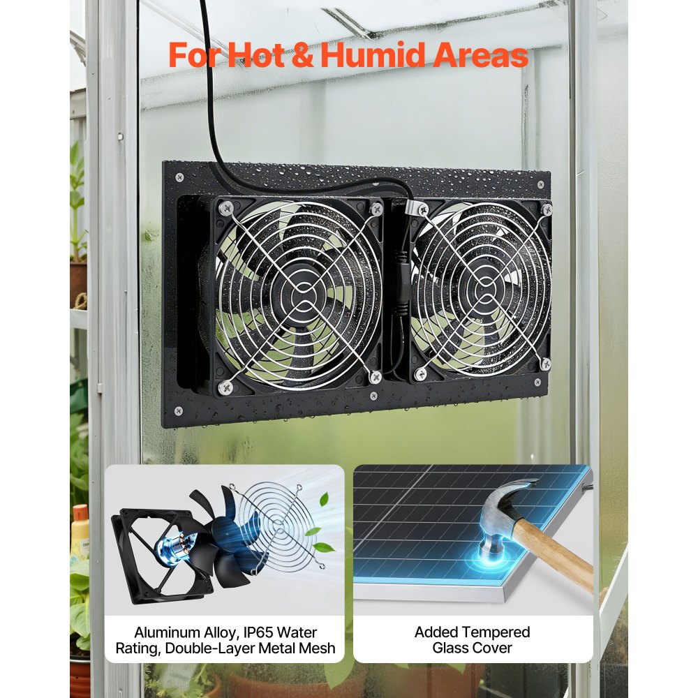 VEVOR Solar Powered Fan, 15W Solar Panel with 2 Fans, Adjustable Solar Panel Angle, 2668 RPM High-Speed, Flexible Installation, Fast Air Exchange for Greenhouse, Grow Tents, Chicken Coops, Shelters