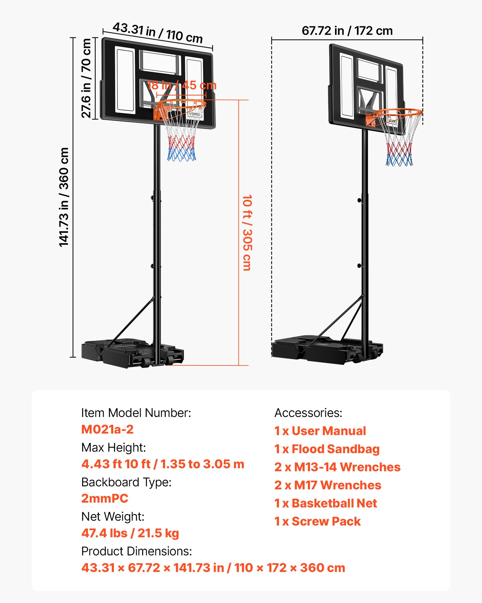 VEVOR Draagbare basketbalstandaard, 1,35 tot 3,05 m hoogte verstelbare basketbalring, verstelbaar basketbalsysteem met nylon net en wielen, draagbare backboardset voor terras aan het zwembad