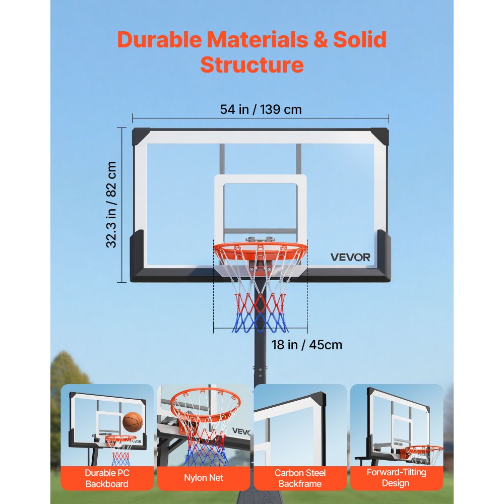 VEVOR Draagbare Basketbalstandaard, 2,3-3,05 m in hoogte verstelbaar (handmatig) Basketbalring, Basketbalsysteem met 139 cm PC-achterbord, Basketbalringsysteem met achterbord voor terrassen en scholen
