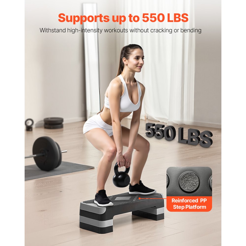 VEVOR Aerobic Stepper, in hoogte verstelbaar trainingsbord (10,16-20,32 cm), stepper fitnessapparaat met een draagvermogen van 250 kg, antislip trainingsbank voor thuisgym, cardio- en krachttraining, grijs