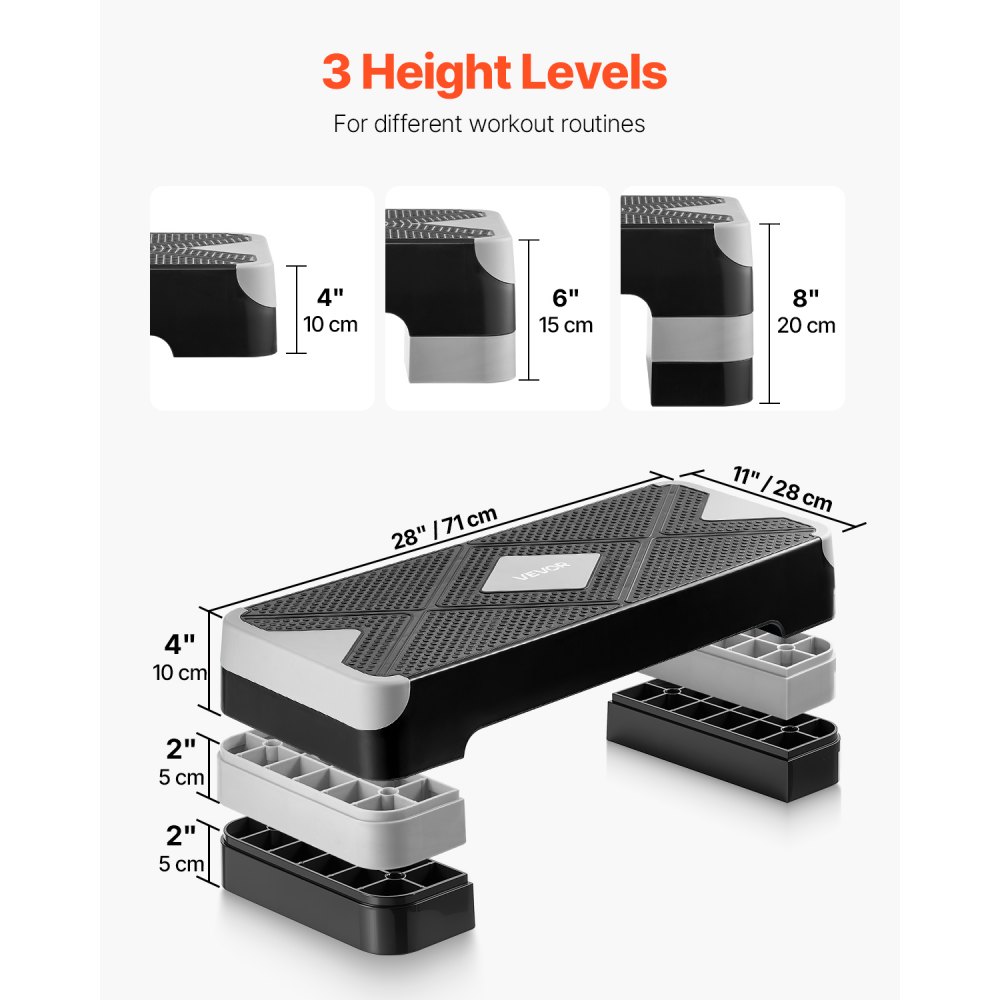 VEVOR Aerobic Stepper, in hoogte verstelbaar trainingsbord (10,16-20,32 cm), stepper fitnessapparaat met een draagvermogen van 250 kg, antislip trainingsbank voor thuisgym, cardio- en krachttraining, grijs