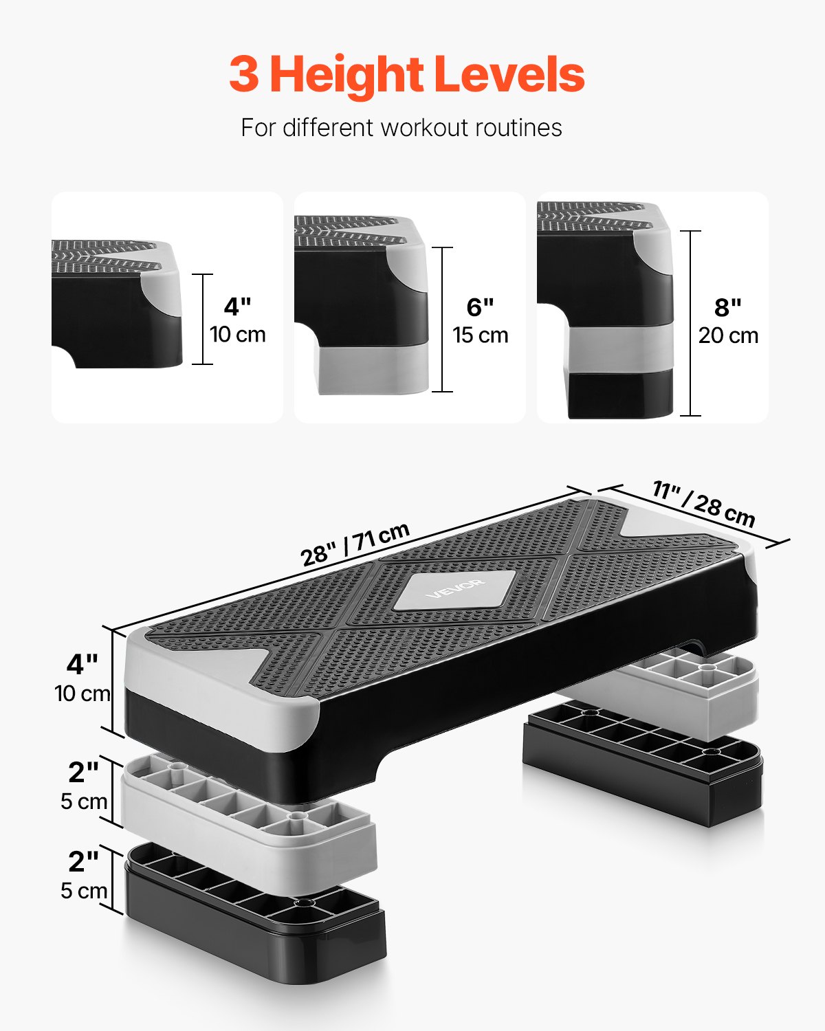 VEVOR Aerobic Stepper, in hoogte verstelbaar trainingsbord (10,16-20,32 cm), stepper fitnessapparaat met een draagvermogen van 250 kg, antislip trainingsbank voor thuisgym, cardio- en krachttraining, grijs