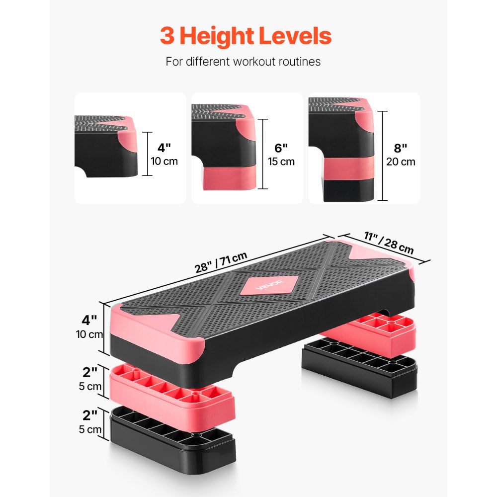 VEVOR Aerobic Exercise Step Platform, 28-Inch Workout Aerobic Stepper, Height Adjustable Fitness Training Step Deck Trainer with 4 Risers, Non-Slip Surface Bench for Home Gym Cardio Strength, Red