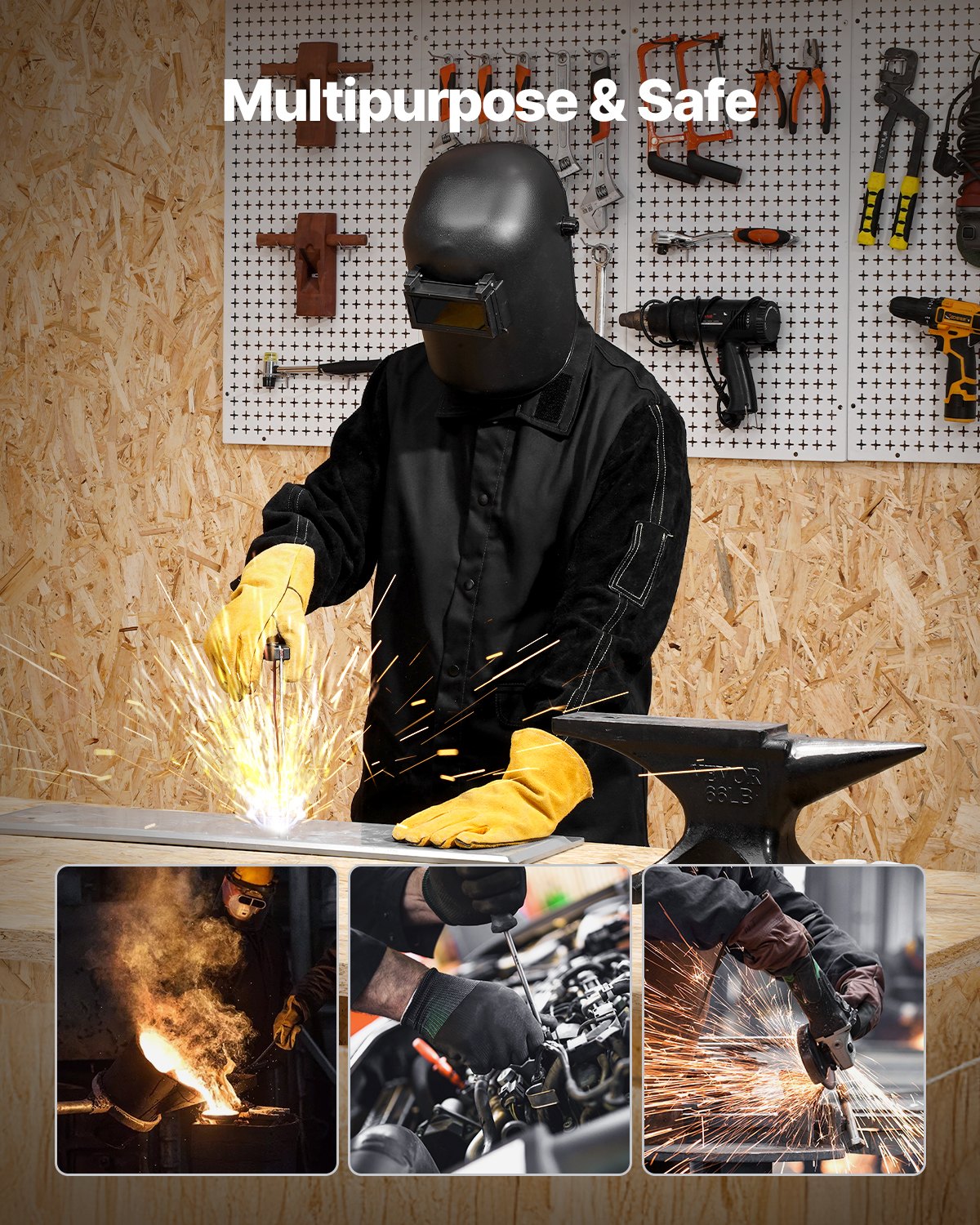 VEVOR Flame-Resistant Welding Jacket - XXL, Heavy Duty Split Cowhide Leather Sleeve + 9 oz. FR Cotton Body, Heat-Resistant Welding Safety Jacket with Snap Buttons & Pockets, Ideal for Welders Fitters