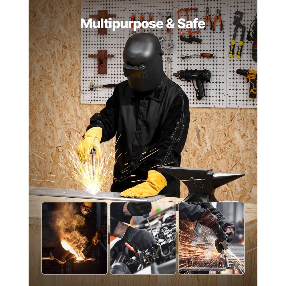 VEVOR Flame-Resistant Welding Jacket - L Size, Heavy Duty Split Cowhide Leather Sleeve + 9 oz. FR Cotton Body, Heat-Resistant Welding Safety Jacket with Snap Buttons & Pockets, Ideal for Welder Fitter