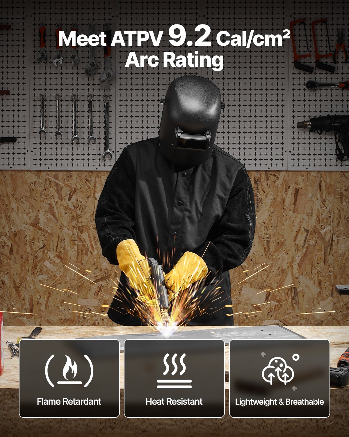 VEVOR Flame-Resistant Welding Jacket - XL, Heavy Duty Split Cowhide Leather Sleeve + 9 oz. FR Cotton Body, Heat-Resistant Welding Safety Jacket with Snap Buttons & Pockets, Ideal for Welders Fitters