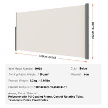 VEVOR side awning 160 x 300 cm side wall awning made of polyester fabric with PU coating awning retractable handle with spring mechanism privacy protection for balconies courtyards UV30 beige