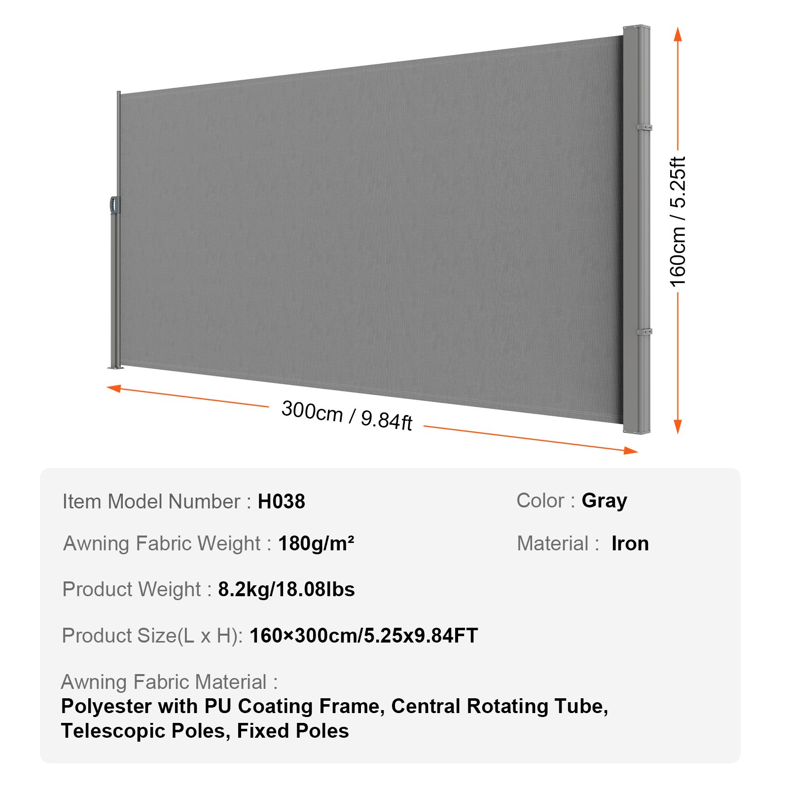 VEVOR Zijluifel 160 x 300 cm Zijwandluifel Gemaakt van 180 g/m² polyesterweefsel met PU-coating Luifel Uitschuifbare handgreep met veermechanisme Privacyscherm voor balkons Binnenplaatsen Grijs