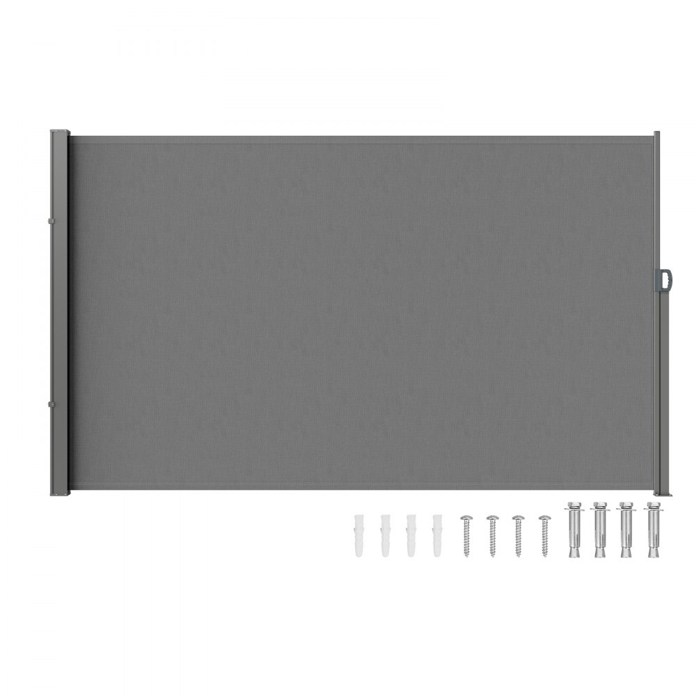 gray VEVOR retractable side awning with mounting kit including screws and wall anchors.