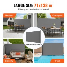 VEVOR zijluifel 180 x 350 cm zijwandluifel van 180 g/m² polyesterweefsel met PU-coating luifel uittrekbare handgreep met veermechanisme privacyscherm privacybescherming voor balkons binnenplaatsen grijs