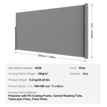 VEVOR zijluifel 180 x 350 cm zijwandluifel van 180 g/m² polyesterweefsel met PU-coating luifel uittrekbare handgreep met veermechanisme privacyscherm privacybescherming voor balkons binnenplaatsen grijs