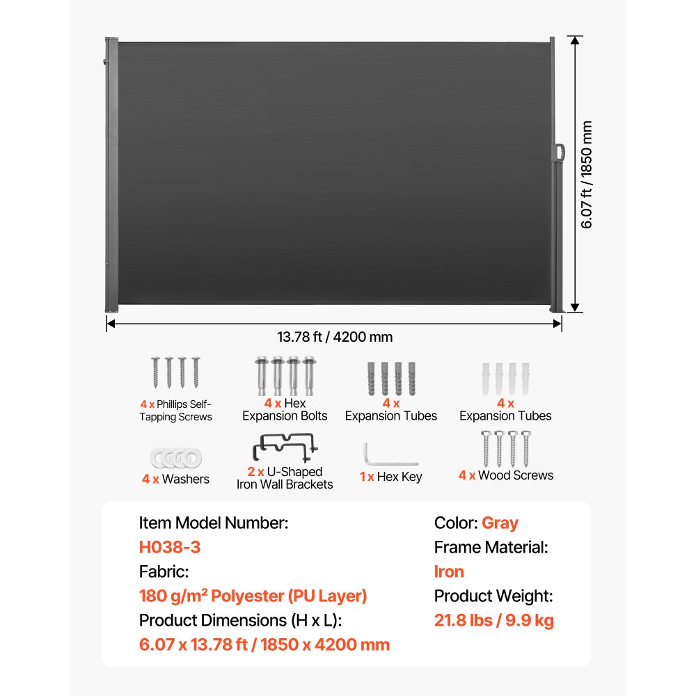 VEVOR Uitschuifbaar zijzonnescherm 185x420 cm, zijrolgordijn van 180 g/m² polyesterstof, muurzonnescherm, windscherm, zonwering, privacyscherm, ruimteverdeler voor tuin, balkon, zwembad, terras, grijs