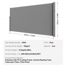 VEVOR side awning 200 x 300 cm side wall awning made of 180 g/m² polyester fabric with PU coating awning retractable handle with spring mechanism privacy screen privacy protection for balconies courtyards gray