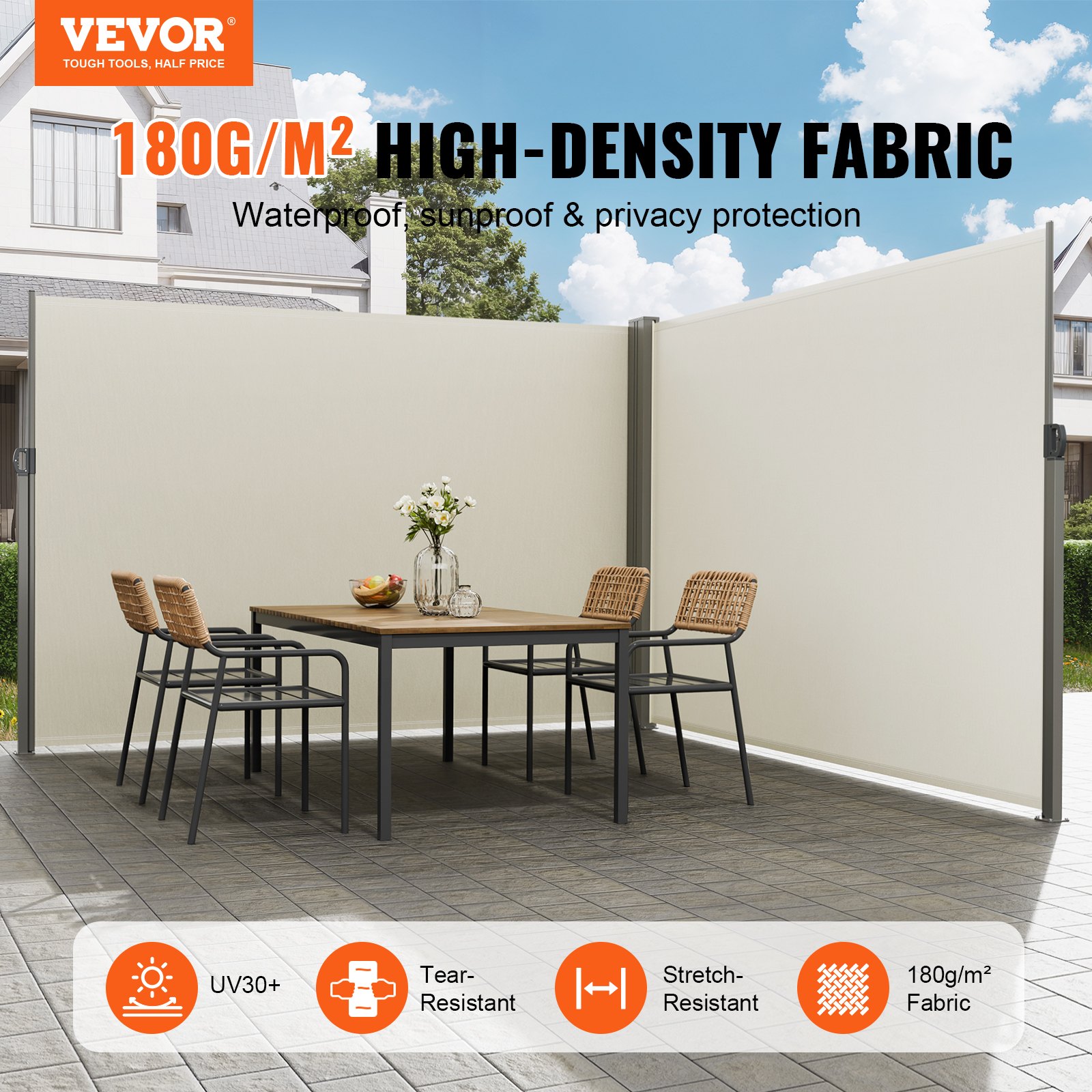 VEVOR Zijluifel 200 x 600 cm Zijwandluifel Gemaakt van 180 g/m² polyesterweefsel met PU-coating Luifel Uitschuifbare handgreep met veermechanisme Privacyscherm voor balkons Binnenplaatsen Beige
