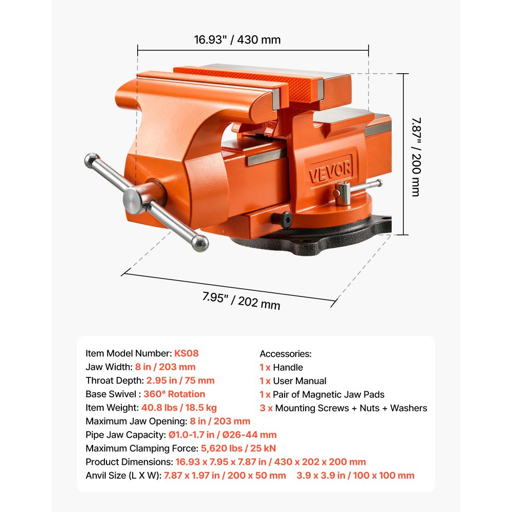 VEVOR werkbankschroef, 203 mm bekbreedte, 360° draaibaar, voor zagen, slijpen, boren en pijpsnijden, 25 kN klemkracht, met snelontgrendelingshendel, aambeeld, schroeven en moeren.