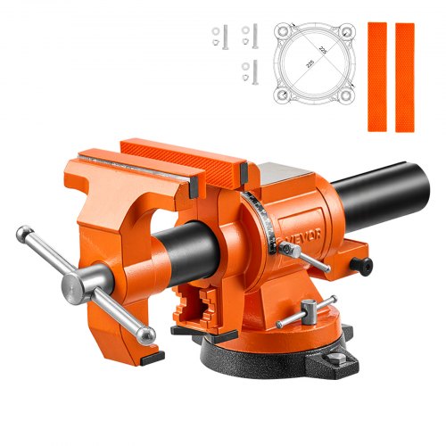 VEVOR werkbankschroef, 152 mm bekbreedte, 360° draaibaar, voor zagen, slijpen, boren en pijpsnijden, 20 kN klemkracht, met snelontgrendelingshendel, aambeeld, schroeven en moeren.