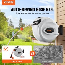 VEVOR Retractable Hose Reel, 65.6 ft x 1/2 inch, 180° Swivel Bracket Wall-Mounted, Garden Water Hose Reel with 9-Pattern Nozzle and 3 Fast Adaptors, Automatic Rewind, Lock at Any Length