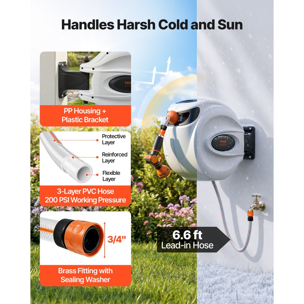VEVOR Retractable Hose Reel, 82 ft x 1/2 inch, 180° Swivel Bracket Wall-Mounted, Garden Water Hose Reel with 9-Pattern Nozzle and 3 Fast Adaptors, Automatic Rewind, Lock at Any Length