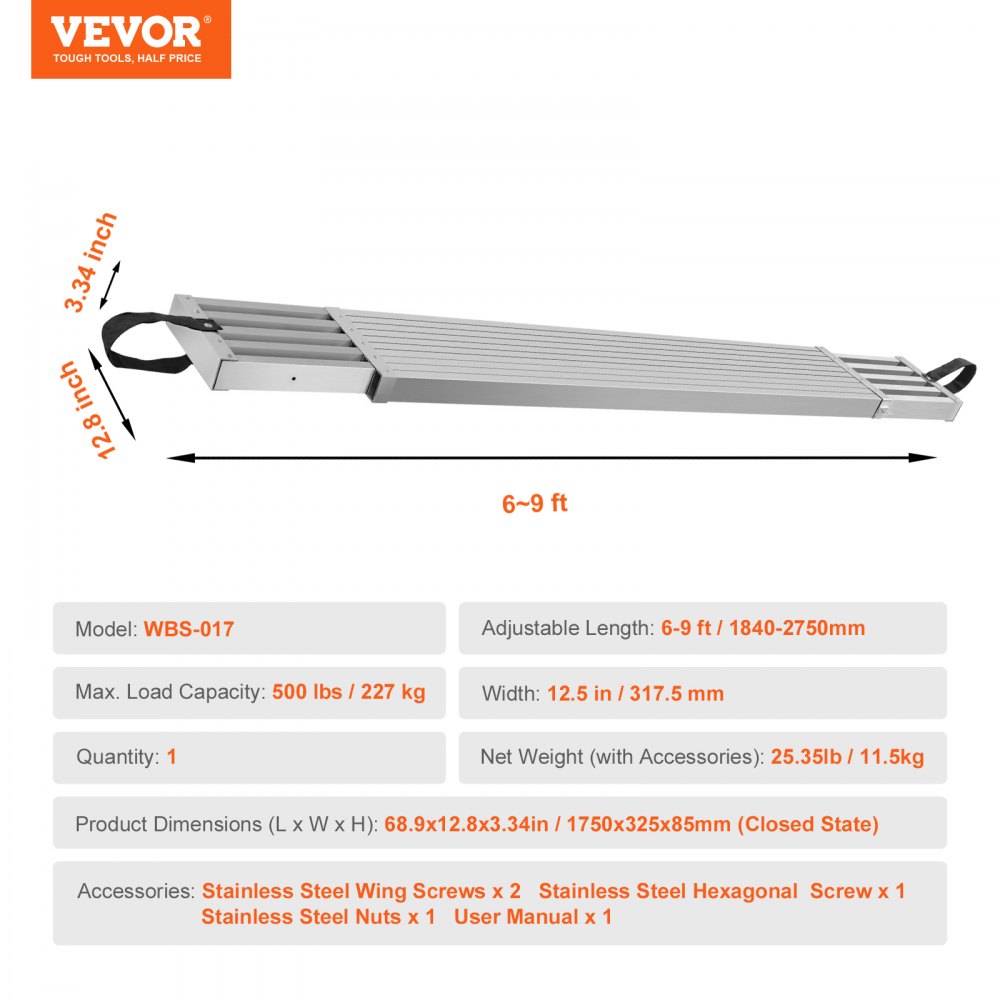 VEVOR Telescoping Aluminum Work Plank, 6-9 Feet 500lbs Capacity, 12.5 inch Width Aluminum Scaffold Plank,Extension Staging Plank with Skid-Proof Platform Scaffold Ladder Accessory