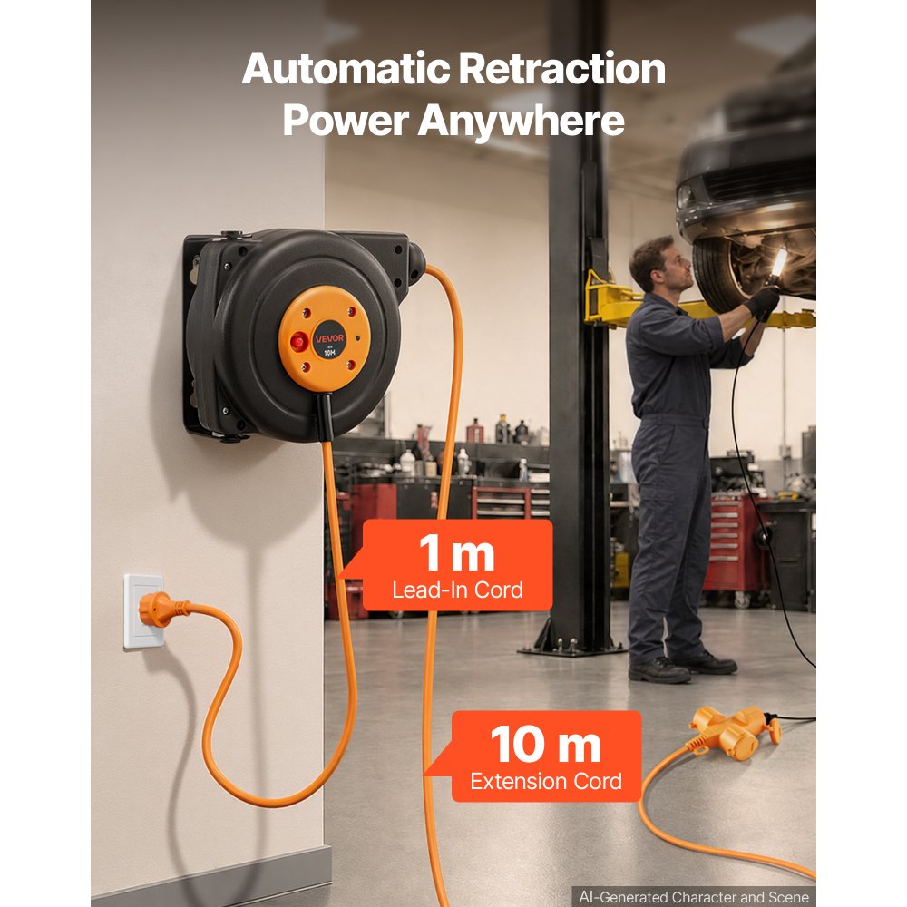 VEVOR Kabelhaspel 10 m 3000 W Automatische Kabeloproller 16 AWG/3-aderig, voor plafond-/wandmontage, 3 stopcontacten, oververhittingsbeveiliging tot 56 °C, verlicht drievoudig stopcontact, met 180° draaibare beugel