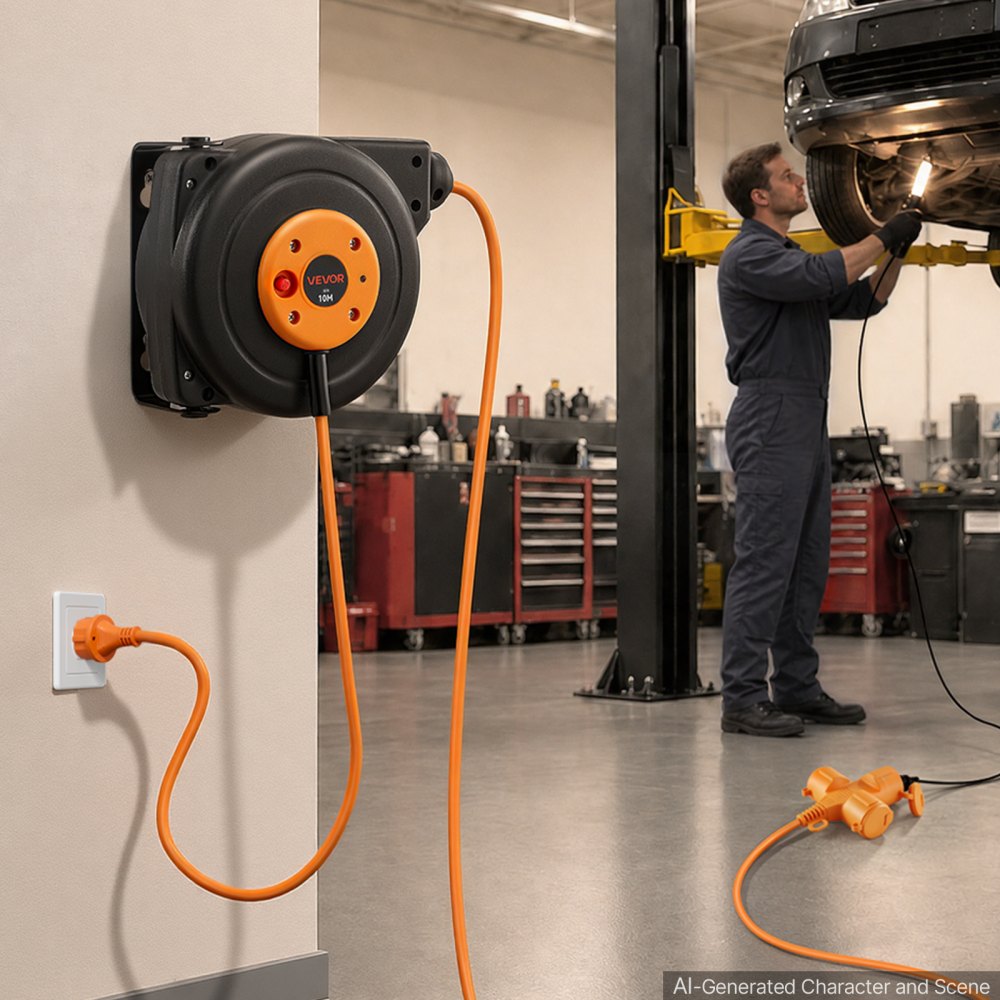 VEVOR Kabelhaspel 10 m 3000 W Automatische Kabeloproller 16 AWG/3-aderig, voor plafond-/wandmontage, 3 stopcontacten, oververhittingsbeveiliging tot 56 °C, verlicht drievoudig stopcontact, met 180° draaibare beugel