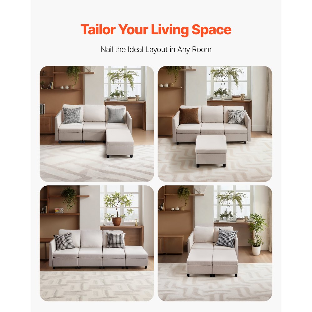 VEVOR Modular Sectional Sofa, 3-Seater Modular Sofa with Hidden Storage, Cloud Sectional Couch with Ottoman & High Rebound Sponge, Solid Wood Frame Upholstered Couch for Living Room, Bedroom, Beige