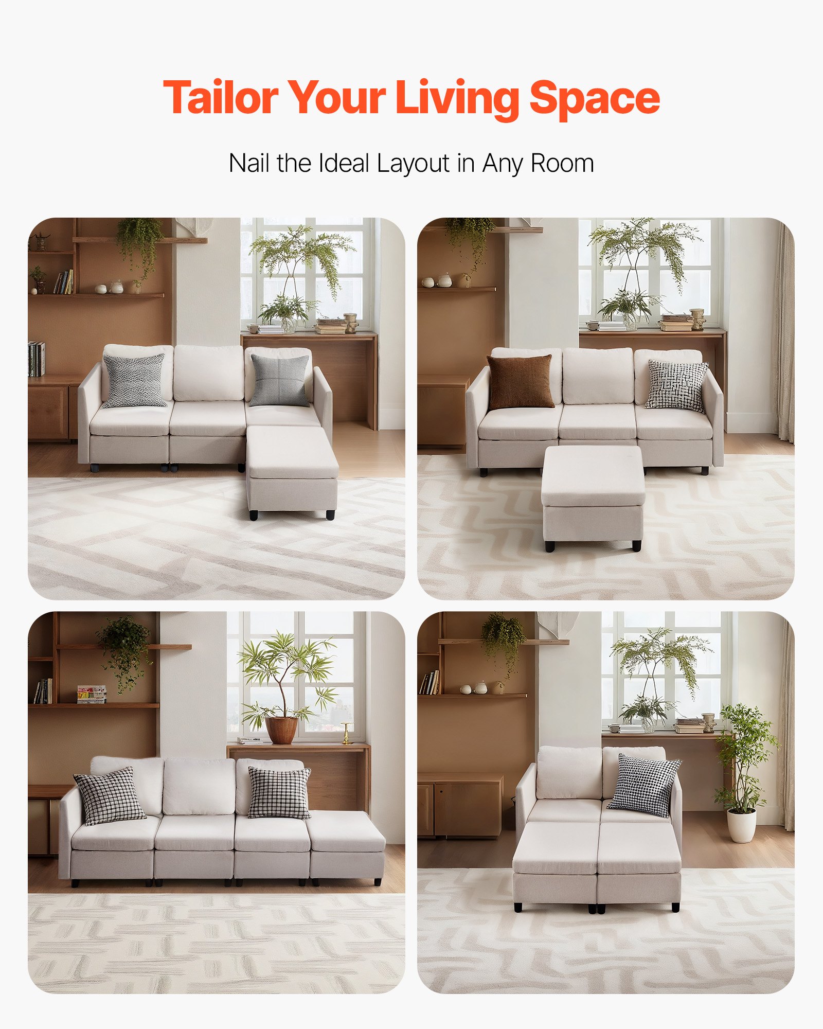 VEVOR Modular Sectional Sofa, 3-Seater Modular Sofa with Hidden Storage, Cloud Sectional Couch with Ottoman & High Rebound Sponge, Solid Wood Frame Upholstered Couch for Living Room, Bedroom, Beige