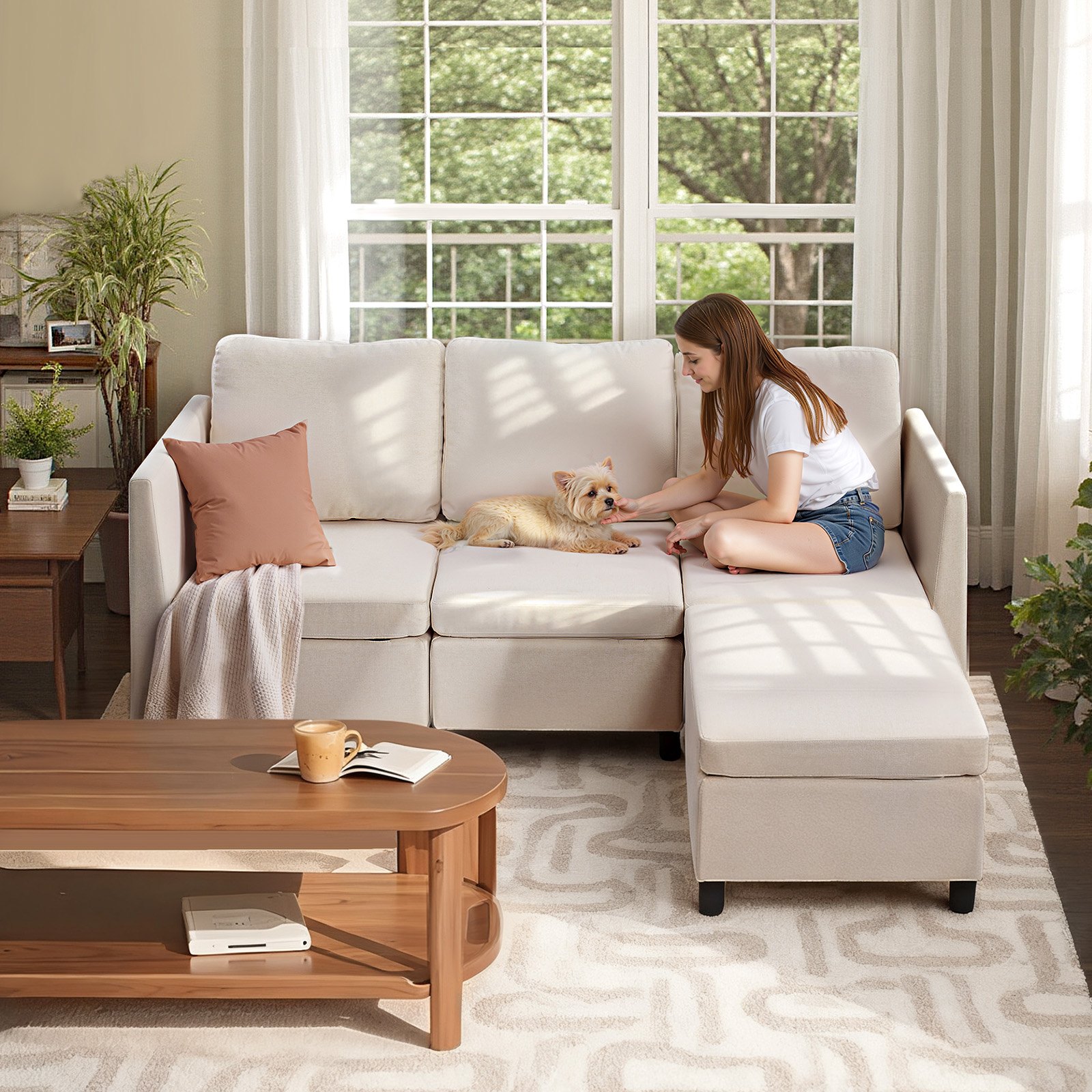 VEVOR Modular Sectional Sofa, 3-Seater Modular Sofa with Hidden Storage, Cloud Sectional Couch with Ottoman & High Rebound Sponge, Solid Wood Frame Upholstered Couch for Living Room, Bedroom, Beige