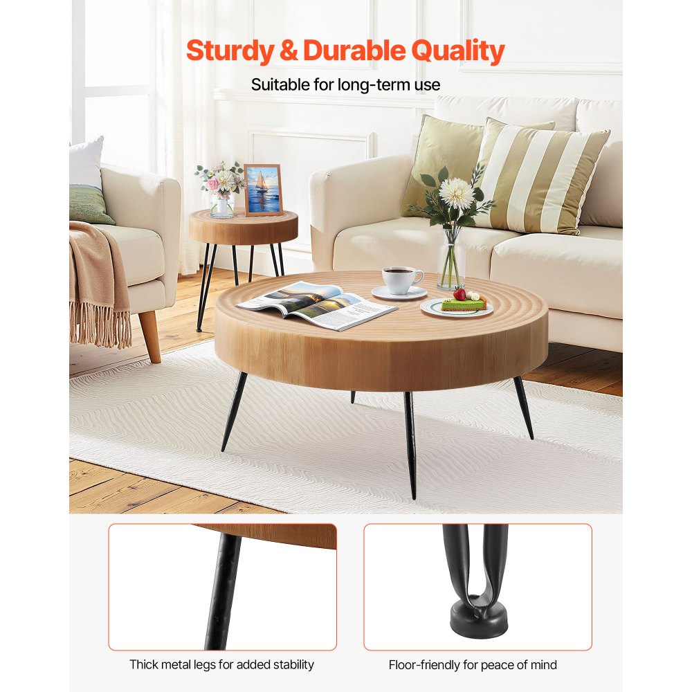 VEVOR 2 Pieces Round Coffee Tables Sets, 31.3 in Industrial Living Room Table with 1 End Side Table, Easy Assembly Coffee and End Tables Sets with Metal Legs, for Office, Living Room and Apartment