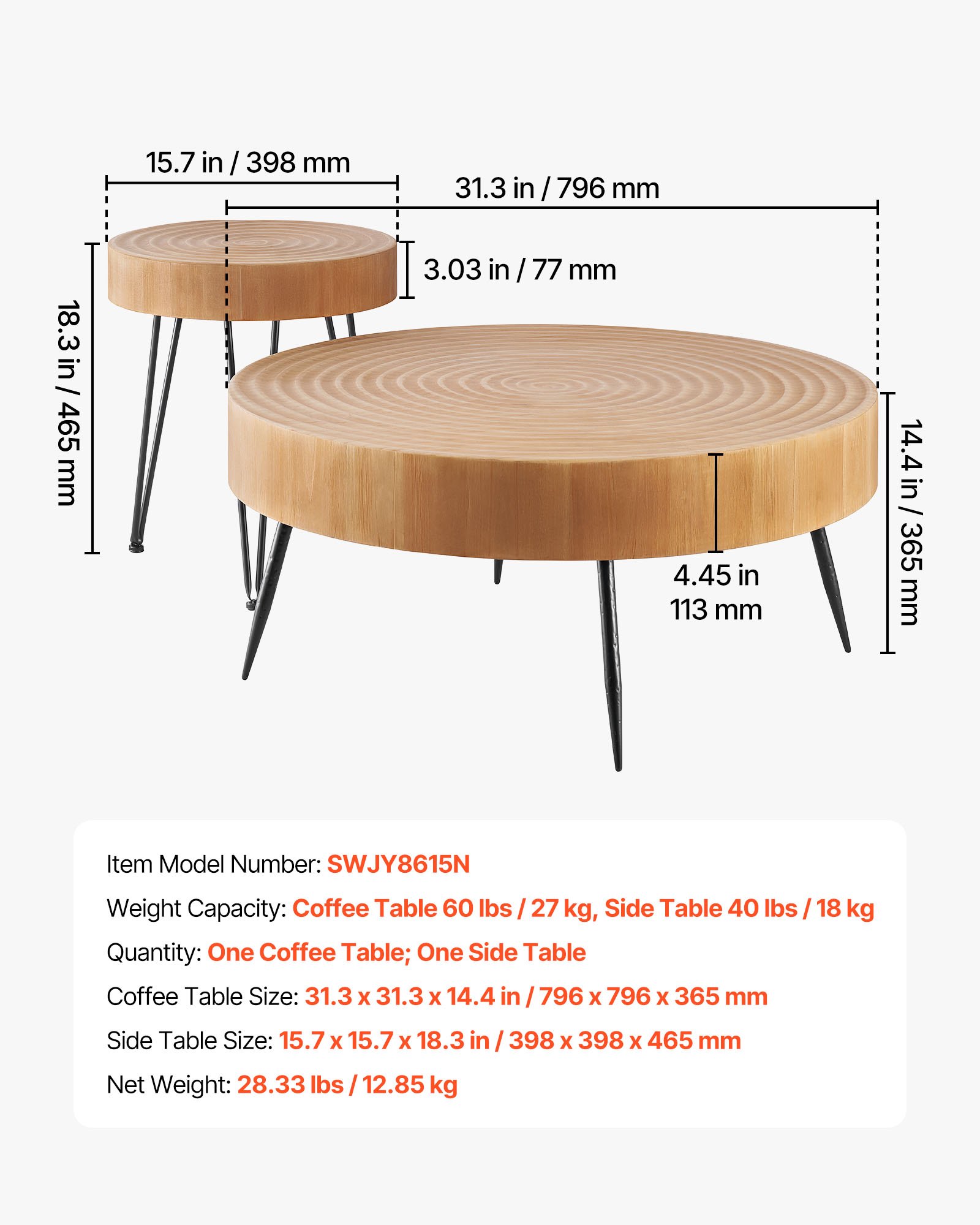 VEVOR 2 Pieces Round Coffee Tables Sets, 31.3 in Industrial Living Room Table with 1 End Side Table, Easy Assembly Coffee and End Tables Sets with Metal Legs, for Office, Living Room and Apartment