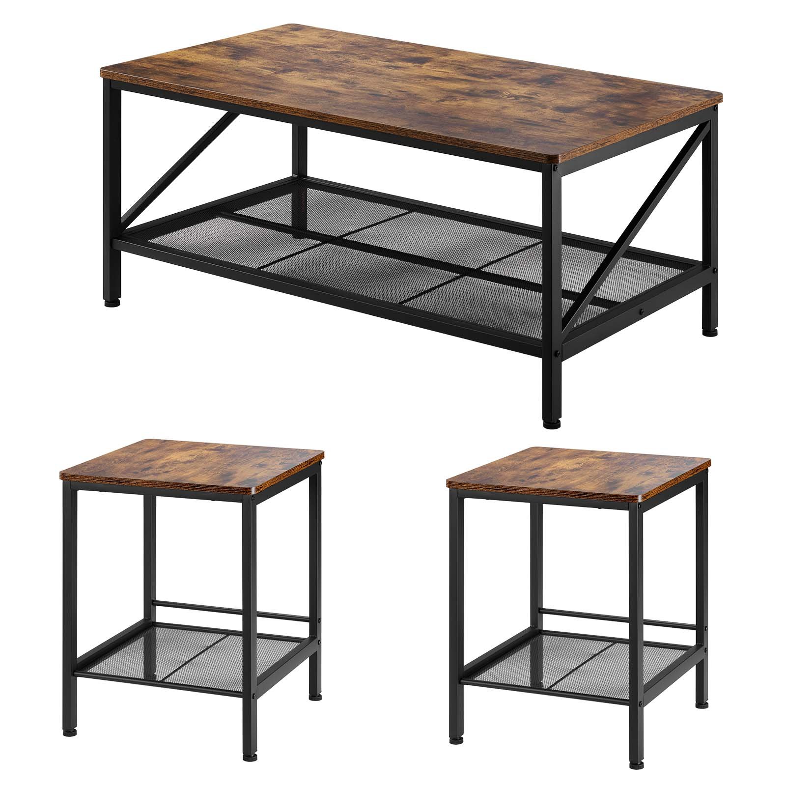 VEVOR 3-delige salontafelset (105 cm lang), industriële salontafel met 2 vierkante bijzettafels (45 cm lang), salontafelsets met metalen poten, bijzettafels voor kantoor, woonkamer en appartement