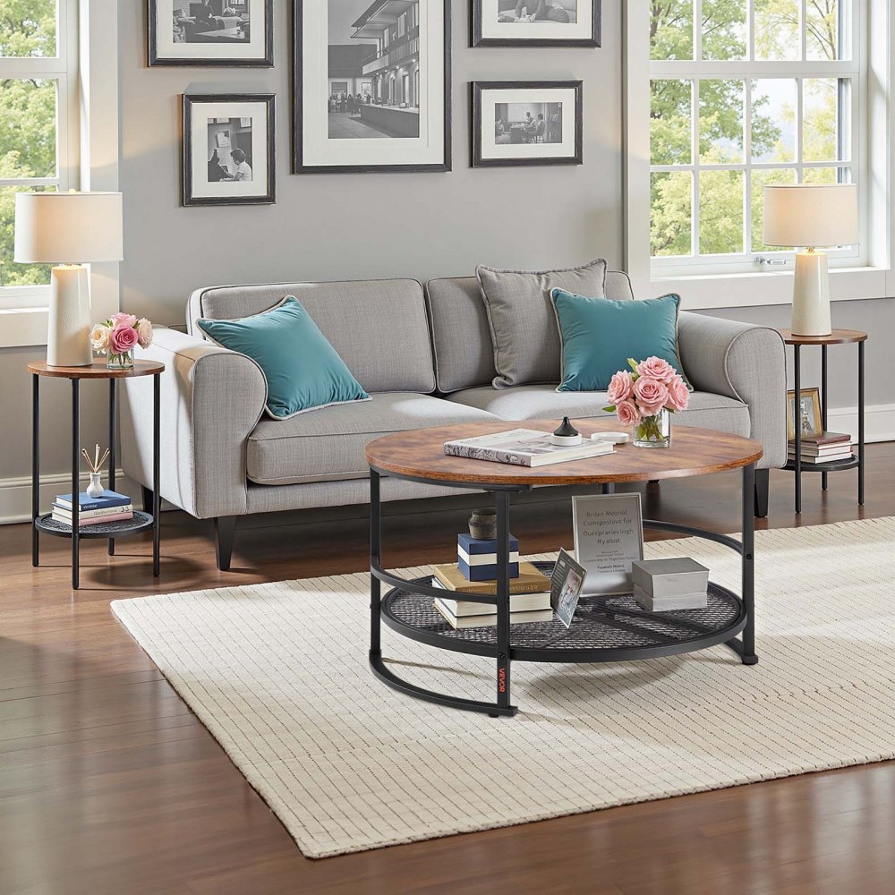 VEVOR 3-delige ronde salontafelset (800 x 465 mm), industriële salontafel met 2 ronde bijzettafels (40 x 60 cm), bijzettafelset met metalen poten, in elkaar schuifbare tafels voor kantoor, woonkamer, appartement