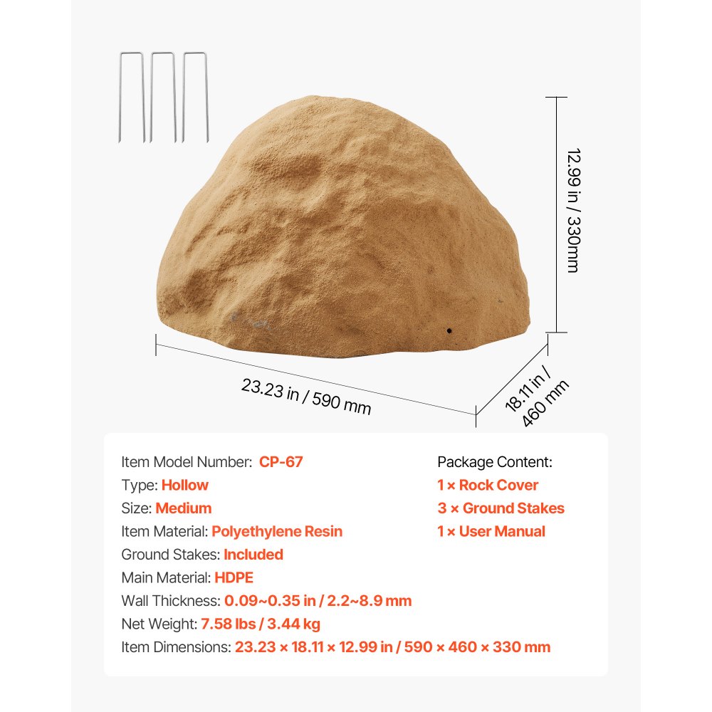 VEVOR Cover Rock, kunstmatige stenen afdekking voor buitengebruik, tuinrots, lichtgewicht en weerbestendige kunstmatige rots voor landschapsarchitectuur, tuin- en erfdecoratie, zandbruin, maat M