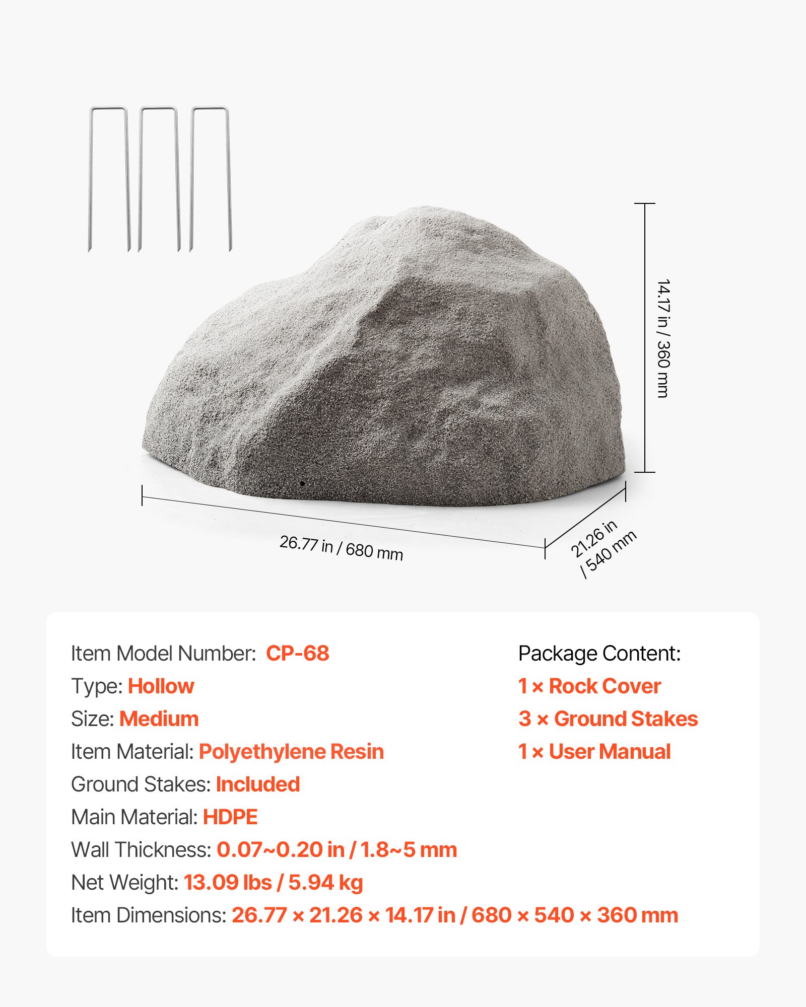 VEVOR Faux Rock Cover, Outdoor Fake Rock Well Pump Cover, Realistic Natural Texture, Lightweight & Weather-Resistant Artificial Boulder for Landscaping Garden Yard Décor, Dark Grey, Medium Size