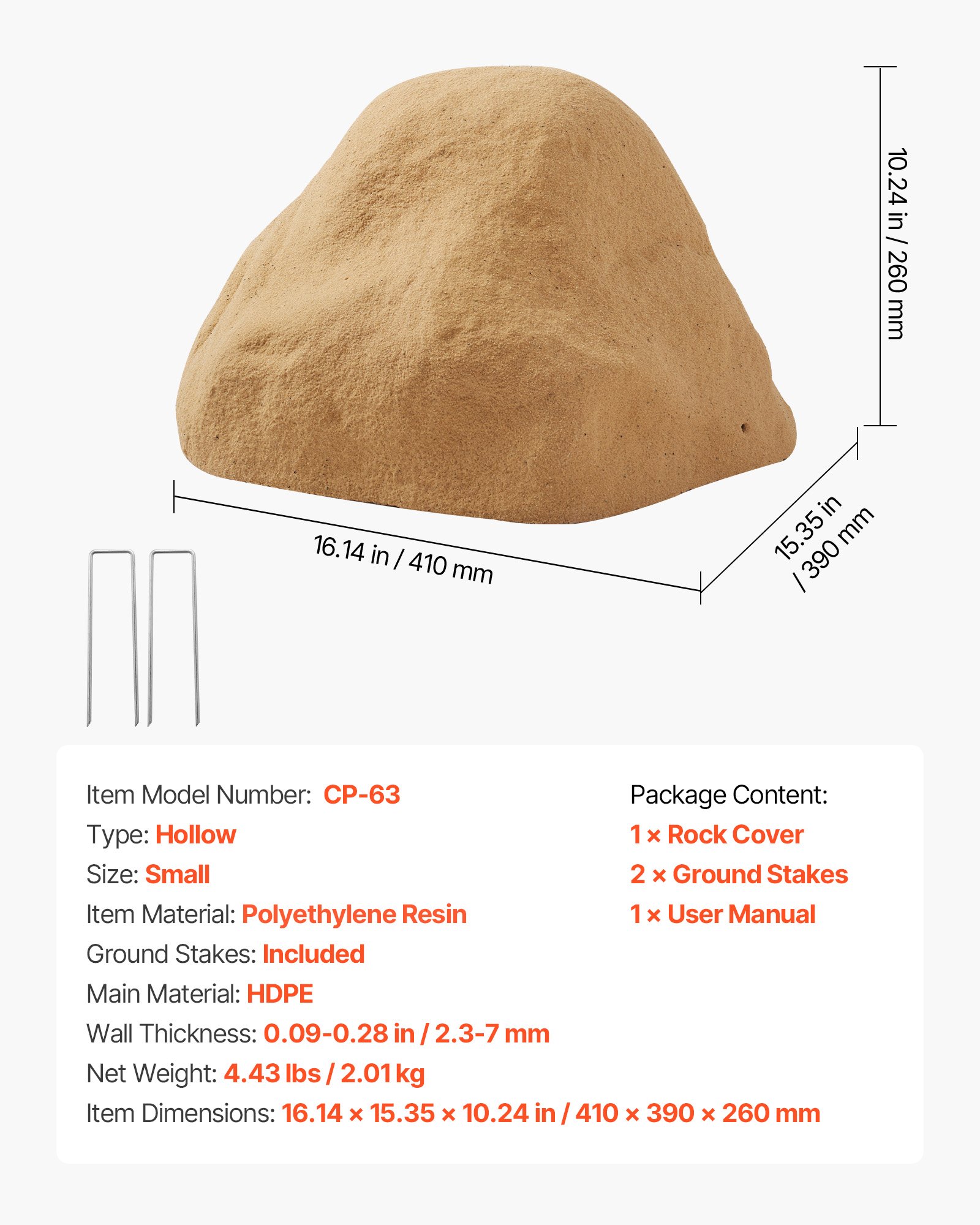 VEVOR Faux Rock Cover, Outdoor Fake Rock Well Pump Cover, Realistic Natural Texture, Lightweight & Weather-Resistant Polyresin Artificial Boulder for Landscaping Garden Yard Décor, Sand, Small Size