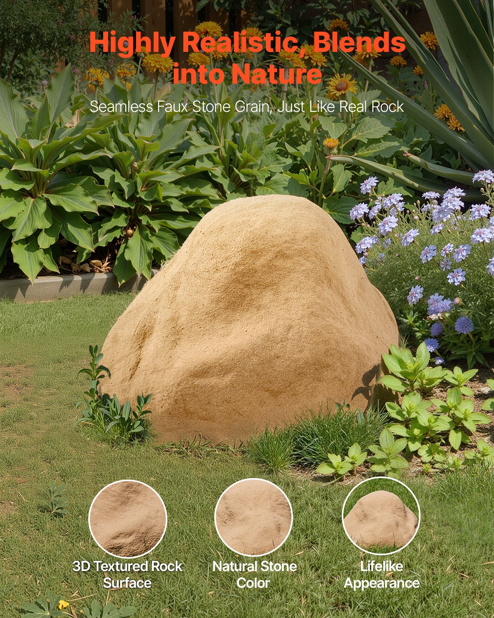 VEVOR Cover Rock, kunstmatige afdekking voor buiten, realistische steenlook, tuinstenen, kunstmatige rotsen van polyresin voor landschapsarchitectuur, tuindecoratie, zandkleur, 410 x 390 x 260 mm